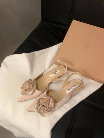 Xajzpa New Flower Designer Sandals Women Elegant Satin Mule Shoes Summer Pointed Toe Pumps Low Heel Flowers Slingback Sandals Female